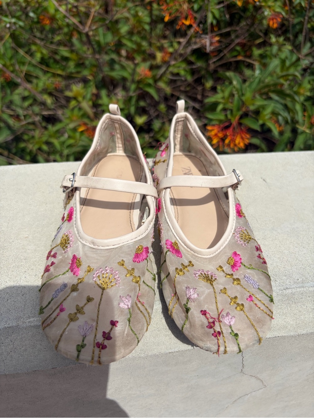 Floral Embroidered Beige Mary Jane Ballet Flats